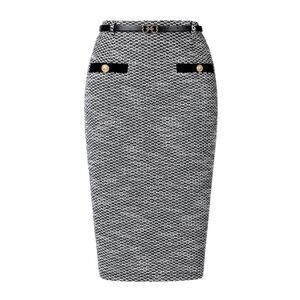 Women's Pencil Skirt Button Decor Bodycon Office Tweed Skirt w Belt Black